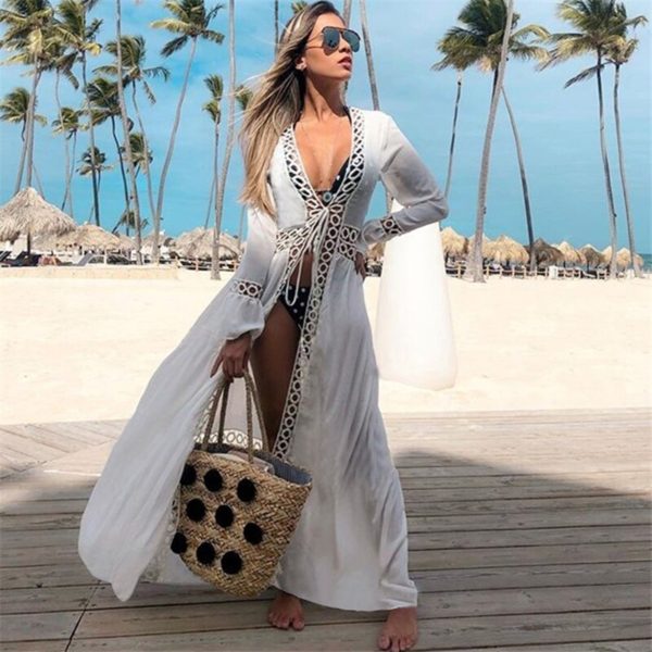 Vestido kimono feminino de algodão, capa saída de biquíni sensual, túnica branca, roupa de praia, verão 2020 cobrir q964 - Image 2