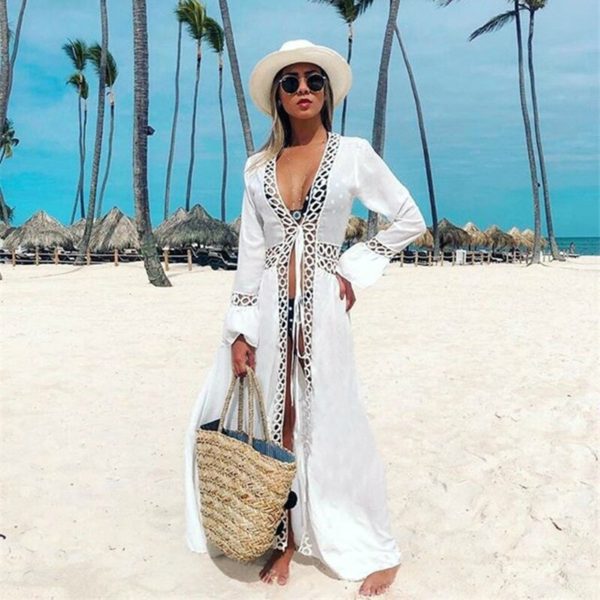 Vestido kimono feminino de algodão, capa saída de biquíni sensual, túnica branca, roupa de praia, verão 2020 cobrir q964 - Image 4