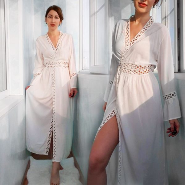 Vestido kimono feminino de algodão, capa saída de biquíni sensual, túnica branca, roupa de praia, verão 2020 cobrir q964 - Image 6